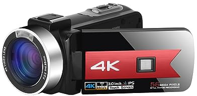 ZGJIAJU Telecamere Professionali 4K for La Registrazione Video Videocamera Vlog WiFi da 56 MP Streaming Webcam Stabilizzatore for Visione Notturna IR(No SD Card,Red)