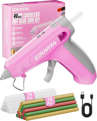 EZUVITA 4V Pink Cordless Hot Glue Gun Kit with 30 Multi-Color Glue Gun Sticks, Fast Preheating, Smart Power-Off, USB-C Rechargeable with 2600mAh Built-in Battery, Less-Drip for DIY, Decorations