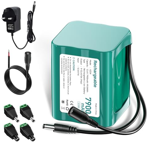 Mspalocell Batterie au lithium 12 V 7900 mAh DAB Radio 12,6 V avec chargeur, adaptateur de prise et ligne de connexion, pour Soundboks, phare arrière, éclairage de vélo, piano de scène, sonar