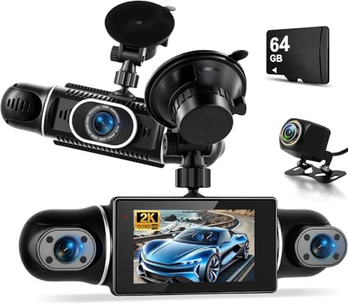 NHOPEEW 2K 360° Dash Cam a 4 canali - Telecamera per auto con schermo IPS da 3 pollici con sensore G, app WiFi, visione notturna + scheda da 64 GB