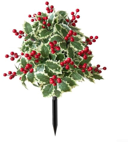 Ameublement de plantes artificielles d'extérieur avec piquet de baies rouges, faux houx pour jardin, tuteur de baies rouges de Noël, ameublement de plantes de vacances saisonnières, plantes de patio à