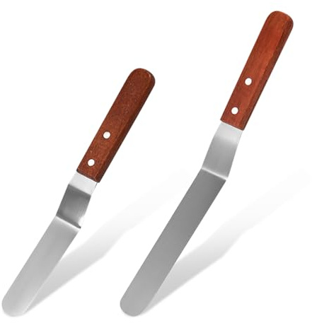 2Pcs Stainless Steel Icing Spatula Set, Angled Offset Cake Spatulas with Wood Handle, 15CM, 20CM Stainless Steel Blade, for Cake Baking Decorating