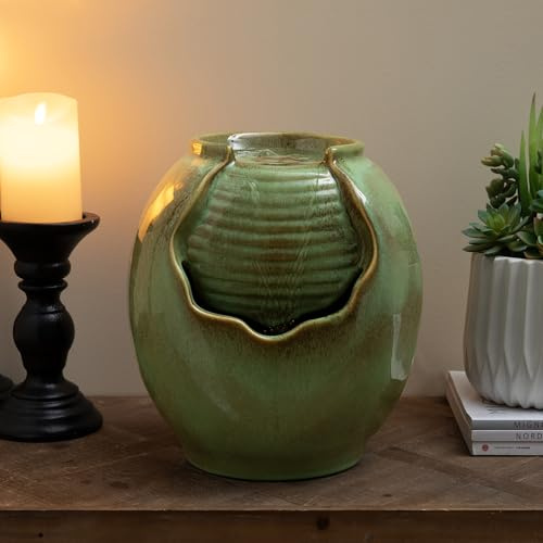 Glitzhome 12 H Tabletop Fountain with Pump, Sage Green Ceramic Jar Water Fountain, Embossed Leaves Indoor Outdoor Cascading Water Fountain Desktop Pot Fountains for Home Office Garden Relaxation