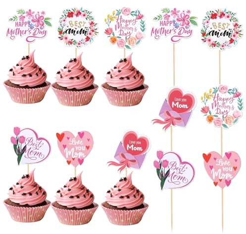 24 PCS Happy Mother's Day Cupcake Toppers, Flower Cupcake Topper for Mother's Day, Mothers Days Party Decorations, Flower Love You Mom Cupcakes Picks, for Happy Mothers Days Theme Party Cake Decor