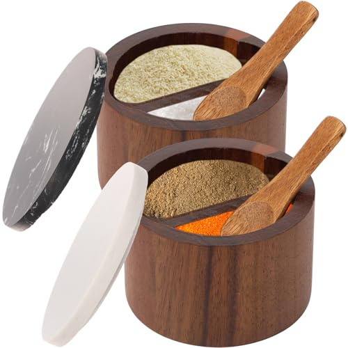 2 Pcs Salt Cellar Box with Built-In Spoon and Marble Lid Solid Natural Acacia Wood Bath Sea Salt Container Kitchen Spice Cooking Seasonings Keeper for Storing Pepper Sugar Sea Salts Herbs(Dual cell)