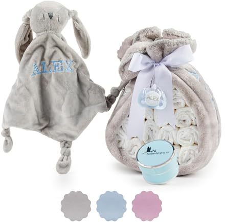 Tarta de Pañales para Recién Nacida + Manta Gris Bordada con nombre + 15 pañales Moltex Premium | ecológicos | Talla 2 (3 a 6 Meses) + Chupete Personalizado (Azul) | BebeDeParis
