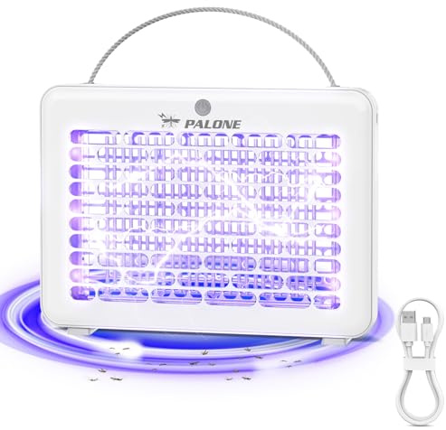 PALONE Lampe Anti Moustique 4000V, Tue Mouche Electrique USB 1200mAh, Piege Moustique avec 3 Ampoules LED UV pour Intérieur et Extérieur, Suspendable avec Cordon (30 * 22 * 4cm)