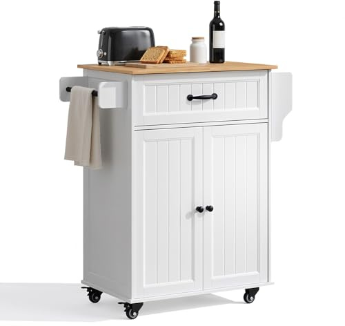 Blishom Carrello da cucina mobile, con isola cucina, cassetti e 3 armadietti, piano di lavoro in legno, ideale per cucine e sale da pranzo di piccole dimensioni. (Bianco)