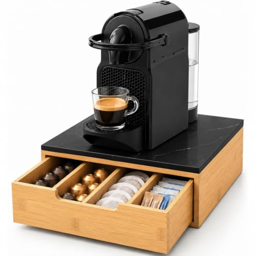 BAKAJI Portacapsule Contenitore Cassetto Porta Cialde Capsule Nescpresso Dolcegusto Modomio Caffe Lavazza Bustine Tè Zucchero realizzato in Legno di Bambù Bamboo (31,5 x 30 x 10 cm Nero)