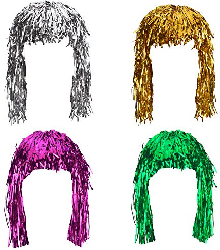 Sumind 4 Stück Folien-Lametta-Perücken, glänzend, Party-Perücke, Erwachsene, metallisches Cosplay-Zubehör (Gold, Silber, Grün und Rosa)