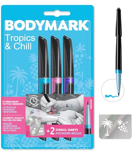BodyMark by BIC, temporäre Tattoos in 3 Farben 'New School', geruchsarme und schnell trocknende Tattoo Stifte für die Haut mit 2 Schablonen
