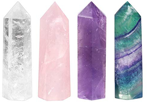 mookaitedecor Natural Healing Crystal Wands Set of 4, Quartz Crystal Stone Hexagonal Point for Chakra Meditation Wiccan Witchcraft Decor Gift, Amethyst & Clear Quartz & Rose Quartz & Rainbow Fluorite