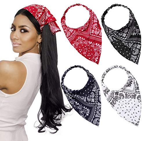 4 Pieces Elastic Hair Scarf Headband Print Vintage Turban Cotton Headwrap Triangle Kerchief Head Scarf Hair Bandanas for Women Girls