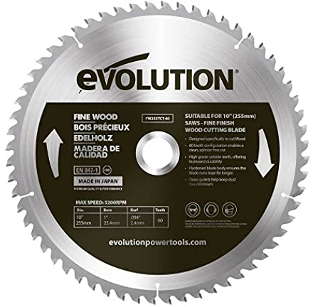 Evolution Power Tools - lama per legno pregiato da 255 mm, lama per sega a taglio incrociato per tagli migliori su legno duro e tenero, lamiere, per circolari, disco sega
