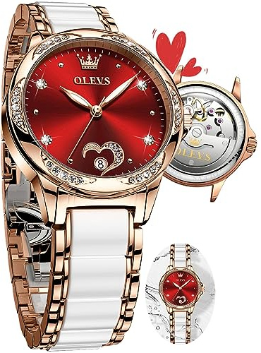 OLEVS Watch Women Red Self Winding Ladies Watches for Women Automatic Mechanical Womens Watches Waterproof Nice White Rose Gold Ceramic Strap Wrist Watch for Woman No Battery Elegant Reloj para Mujer