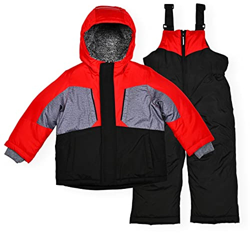 Arctic Quest Boys' Bib Snow Pants and Ski Jacket Water-Resistant Snowsuit For Kids Winter Hooded Jacket, Bold Red, 18M