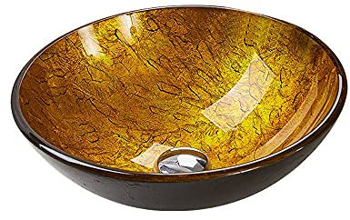 ALYHYB Runder Waschbecken Badezimmer-Schiffs-Waschbecken Set Modernes gehärtetes Glas + passender Stil Wasserhahn + Kupfer-Pop-up-Drain, Gold (Größe : 6-Piece Set)