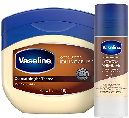 Vaseline Rich Moisturizing Healing Jelly Cocoa Butter, 13 oz Bundled with Cocoa Shimmer Stick, 1.4 oz. Provides Radiant and Shimmering Moisturized Skin with Pleasant Scent
