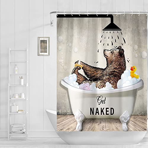 Abaysto Fun Brown Bear Get Naked Shower Curtain - Cute Wild Animal in Bathtub Set for Kids, Rustic Farmhouse Woodland Barn Retro Bathroom Decor