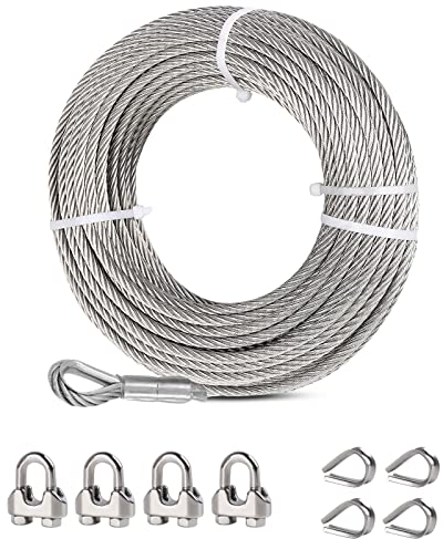 hannger Cavo Acciaio 6mm, Cavo in Acciaio Inox, 45 m, 7x19 Fune Metallica, Corda in Acciaio con Occhielli per Zipline,Tiranti, Trazione, Giardinaggio
