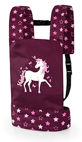 Bayer Design 62223AA Puppentrage EasyCarry, gepolstert, verstellbare Riemen, hinten und vorne tragbar, für Puppen und Plüschtiere, Bordeaux, Rosa, Einhorn