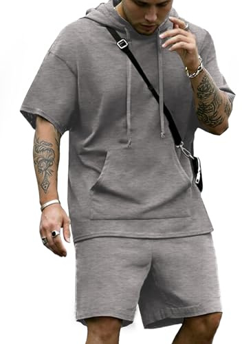 COOFANDY Men's Tracksuit 2 Piece Hooded Athletic Sweatsuit Short Sleeve Casual Sports Hoodie Shorts Set