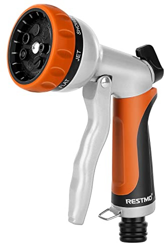 RESTMO Garden Hose Nozzle Hose Pipe Spray Gun Heavy Duty | High Pressure Hose Nozzle,Metal Sprayer with 7 Patterns and Water Flow Control,Ideal to Water Plant&Lawn,Wash Car&Pet,Orange