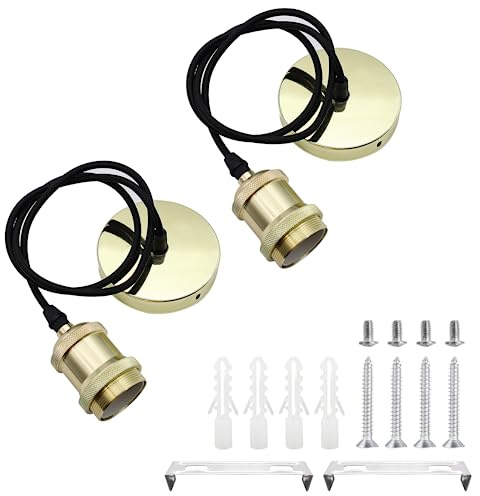 2 Pcs Ceiling Pendant Light Fitting E27 Rose Screw Lamp Holder Vintage Ceiling Rose Lamp Suspended with 100cm Braided Flex (Gold)