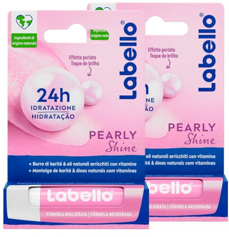 Labello Pearly Shine Lippenpflegestift, bunte, feuchtigkeitsspendende Lippenpflegestift mit Perlen- und Seidenextrakten, rosé - 2 Sticks