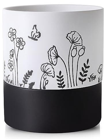 Nihow Self Watering Plant Pot: 6 Inch Ceramic Planter with Drainage Hole & Water Storage Plus for Indoor & Outdoor Plants - Cylinder Round Flower Pot for Succulent/Herbs/Violets -White