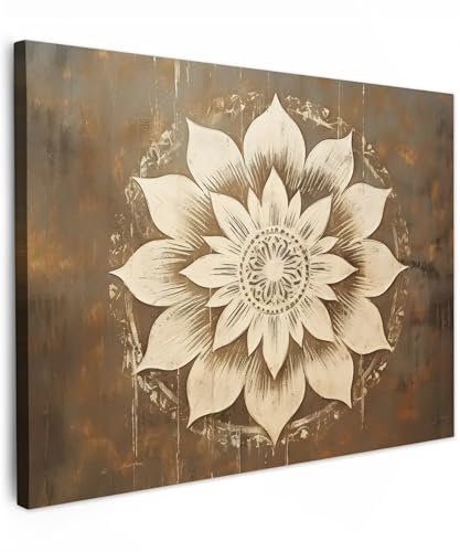 MuchoWow© Impression sur Toile Decoration Murale Peinture 70x50 cm Tableaux Decoratifs Muraux Décoration Chambre Mandala - Fleurs - Vintage - Blanc