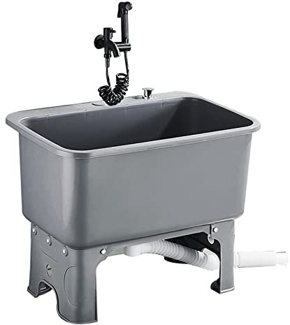 JHLP Lavabo de sol robuste en polypropylène – Lavabo utilitaire sur pied avec robinet et pistolet – Idéal pour la buanderie, la salle de bain, le balcon – Évier ménager