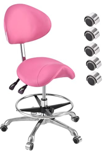 Sattelhocker Hydraulischer Sattelstuhl mit Rückenlehne, Fußstütze und PU-Rädern, Ergonomischer, Drehbarer, Rollender Sattelhocker, Robuster Dental-Sattelsitz für Schönheitssalons ( Color : Pink )