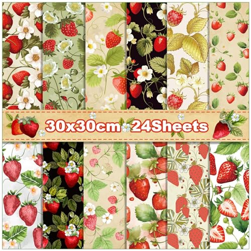 ZAKHSE Motivpapier 30x30cm, 24 Blatt Erdbeermuster Designpapier Doppelseitig Bedruckt Bastelpapier Bunt, 12 Designs, Scrapbook Papier Dekopapier für DIY Origami Kartenherstellung Sammelalbum-Rot