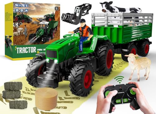 PENGBU RC Remote Controlled Tractor with Trailer, 2.4 GHz Tractor Remote Controlled Toy, Children's Tractor Tractor Remote Controlled with Front Loader, Trailer, Cow, Sheep and Hay Bale from 3 4 5 6 8