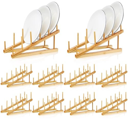Suclain 10 Pcs Wooden Bamboo Dish Drying Rack Kitchen Cabinet Organizer for Cabinet Cutting Board Display Stand for Dish Plate Bowl Water Bottles Cup Pot Lid Cutting Board