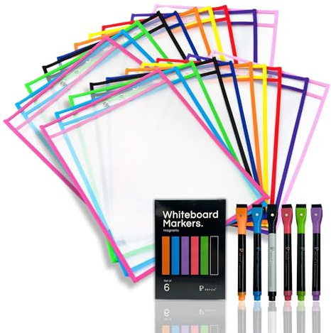 PREVIS Abwischbare Folientaschen A4-20 Stück + Box mit 6 Markern und Radiergummi -Beschreibbare und Abwischbare Einsteckfolien -Ideal für Grundschule Lehrerbedarf, Kinder, Lehrer -Dry Erase Taschen