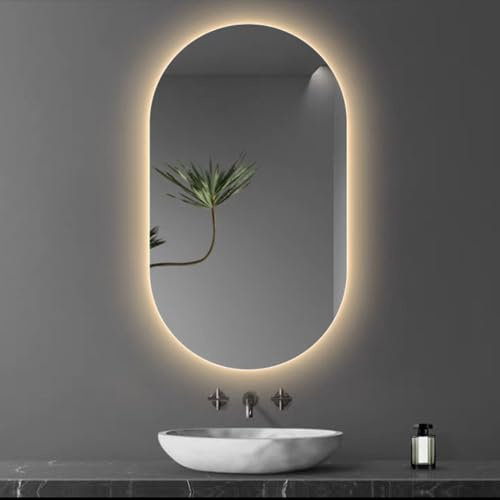 Led Oval Spegel, Badrumsspegel Med Lampor, 40x70cm|40x80cm|50x80cm|60x90cm, Väggspegel，upplyst Sminkspegel, 3 Färger Dimbar Belysning Smart Switch Sminkspegel(Size:40X80CM,Color:Stil A)