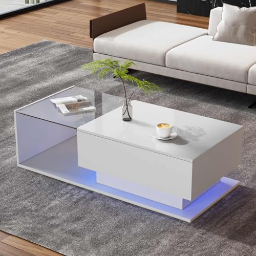 KOMHTOM Table Basse Blanche avec Plateau en Verre et Plateau Brillant, Table d'appoint LED avec tiroir Table Basse Moderne Meubles de Salon (Blanc)