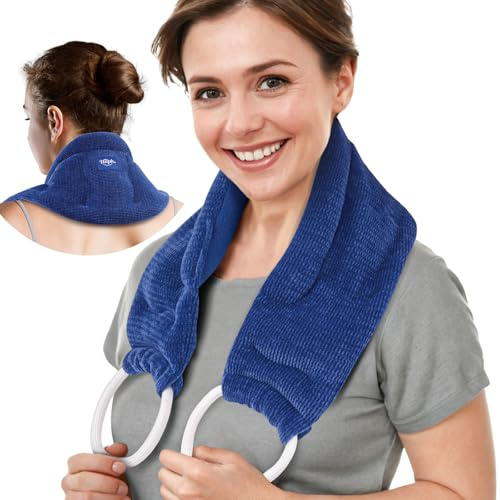 Hilph Almohada térmica extralarga para cuello y hombros con 2 asas ajustables, calor húmedo natural, cojín de huesos de cereza para el cuello, cojín de granos de microondas para aliviar el dolor