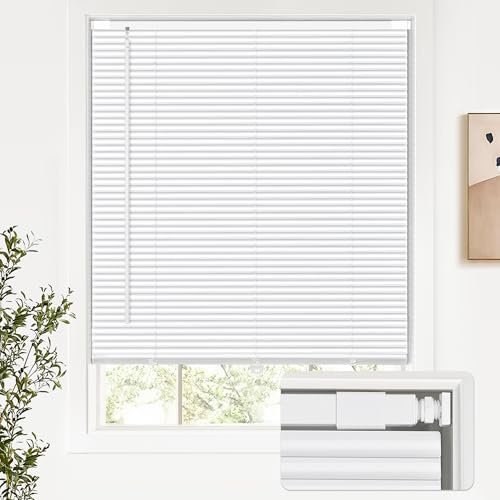 LazBlinds No Tools No Drill Cordless Aluminum Mini Blinds, 100% Privacy S-Curve Blinds for Windows, Room Darkening Horizontal Window Blinds and Shades for Home, 20 W x 36 H, White