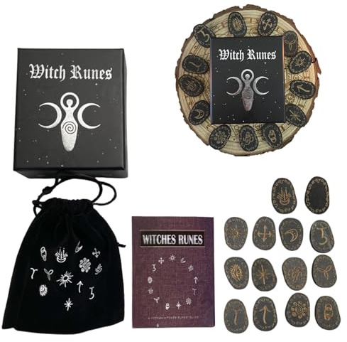 Runic Stone Set - 14 stycken nordiska häxrunor, trägraverade symbolstenar | meditations- och spådomskristaller med förvaringsväska,