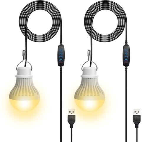 Set di 2 lampade da campeggio LED USB ricaricabili 7 W - Lampada da tenda con intensità variabile - 3 modalità di illuminazione 2700-5000 K - Luce di emergenza con gancio - Funziona con pile