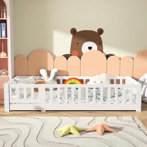 Marooma - Cama infantil de 90 x 200 cm, cama en el suelo Montessori con barreras y puerta pequeña, marco de cama de pino macizo con somier de láminas, extraíble, fácil de montar, protección contra
