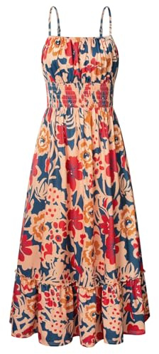 GRACE KARIN Summer Dresses for Women 2026 Vacation,Smocked Floral Maxi Dresses,Boho Beach Long Sundress Navy Brown XL