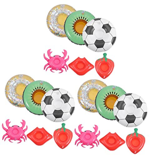 TOYANDONA 18piezas Soporte Inflable para Bebidas De Verano Flotadores De Copas Coloridos para Fiesta La Piscina Diseño Divertido Circulo Brillantina Fútbol Fresa Cangrejo Labios y Kiwi