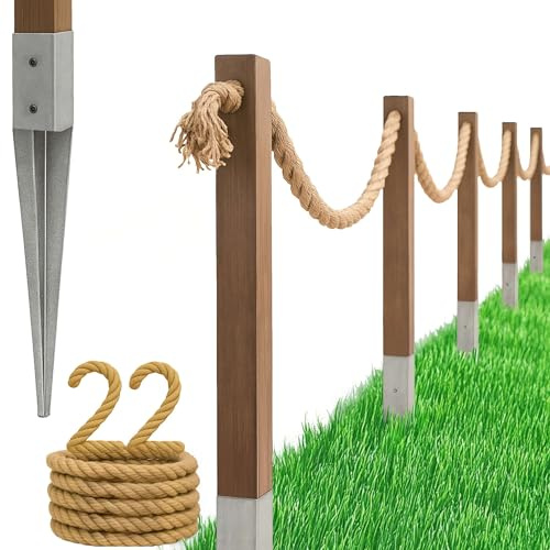 Kit de Clôture Nautique en Corde 22m pour Jardin, Inclut Corde, Poteaux et Ancres de Fixation, Hauteur 1m, Couleur Naturelle et Argent - Design Style Marin Extérieur