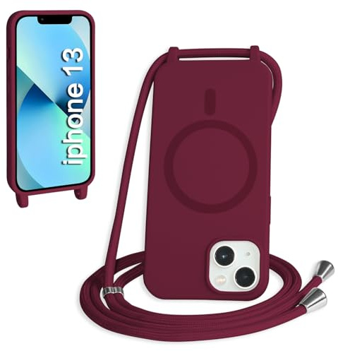 FMPCUON Magnétique Coque avec Cordon pour iPhone 13, [Compatible avec MagSafe] Etui Collier Réglable Téléphone Étui Portable Lanyard Case Protection Complète Cover,Rouge