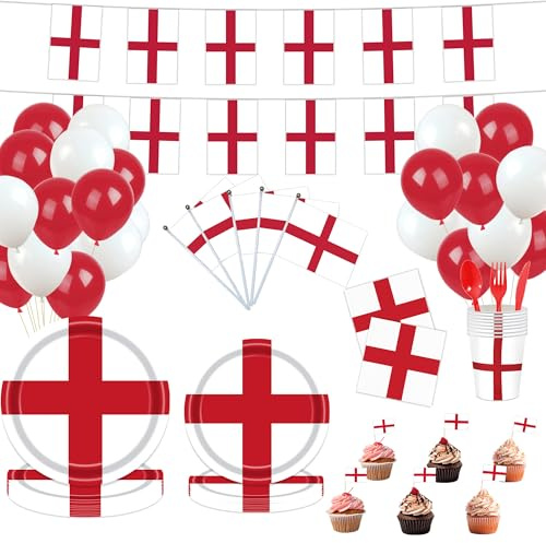 YOFANUP England World Cup Supplies, 200 Pcs Football Party Pack for World Cup Decorations, England Bunting, Reusable Tableware, Napkins, Toothpick Flags, Handheld Stick Flags