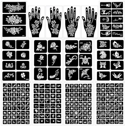 247 Stück Tattoo Schablone Kit,Henna Schablonen,Wiederverwendbare Temporäre Tattoo Schablonen,Indischer Arabischer Hände Hand Tattoo Tempel Aufkleber,für Frauen Finger Körper